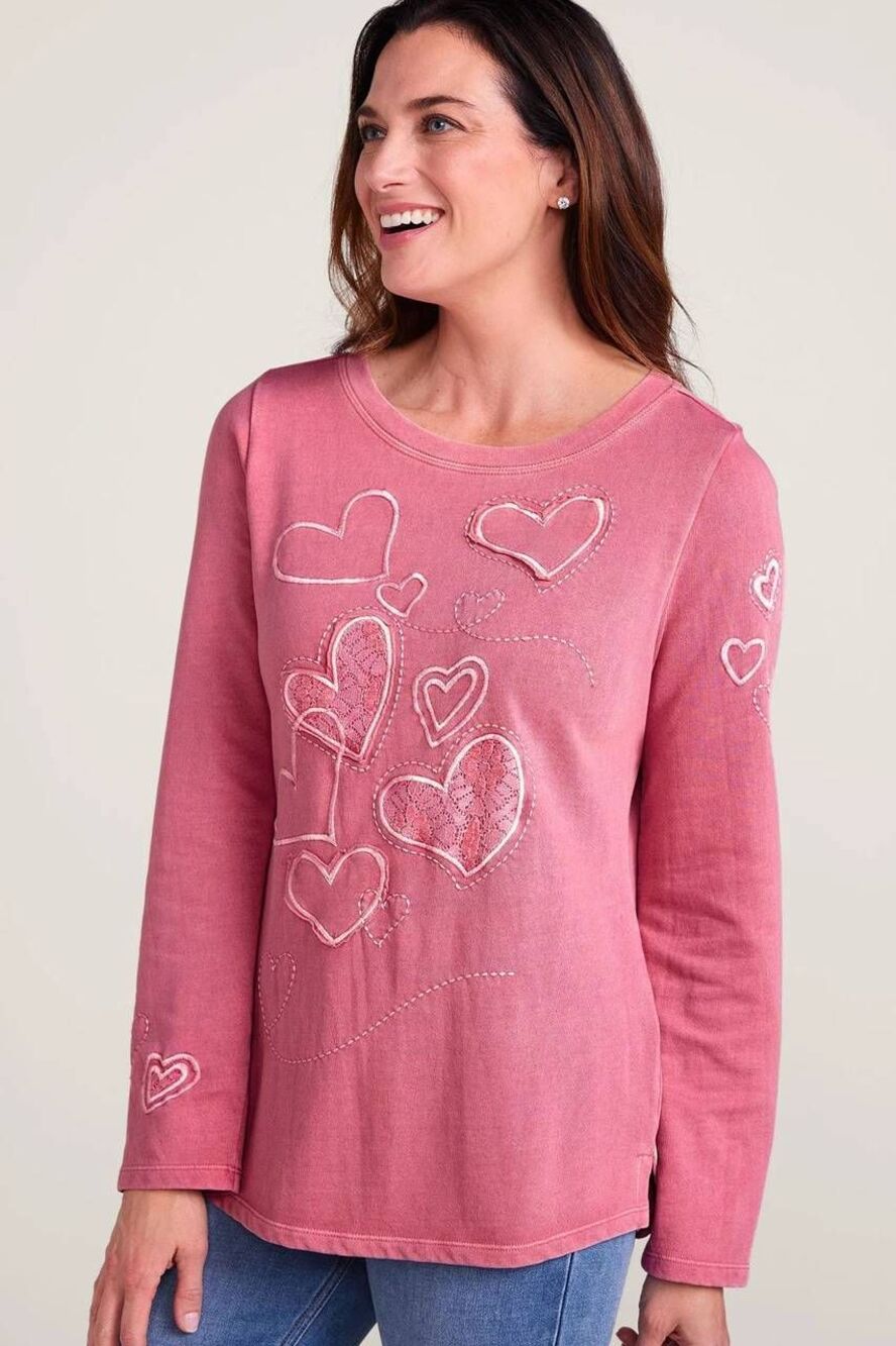 Soft Surroundings Pink Lace Hearts LS French Terry Tunic Sweatshirt Medium Femme